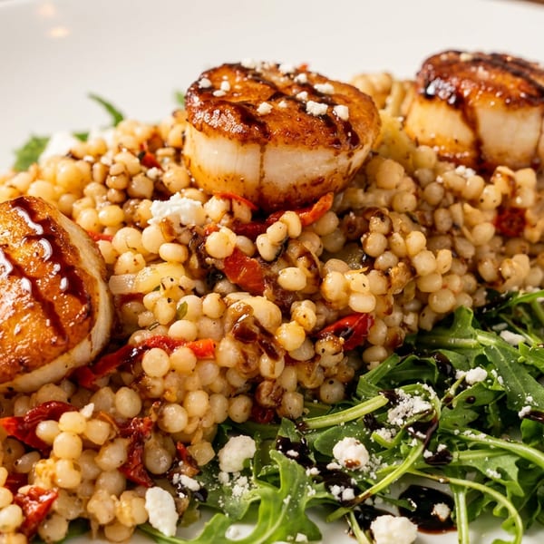 Three seared scallops atop pearl couscous, arugula, feta, and sun-dried tomatoes, drizzled with balsamic.