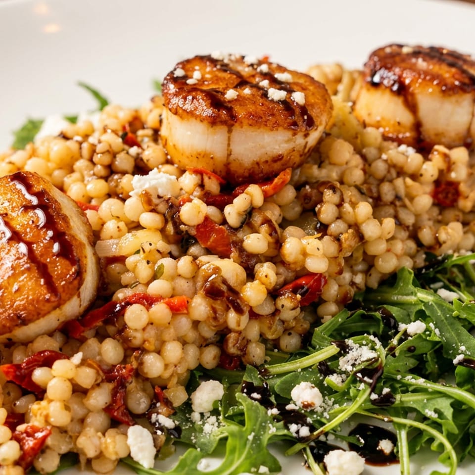 Three seared scallops atop pearl couscous, arugula, feta, and sun-dried tomatoes, drizzled with balsamic.