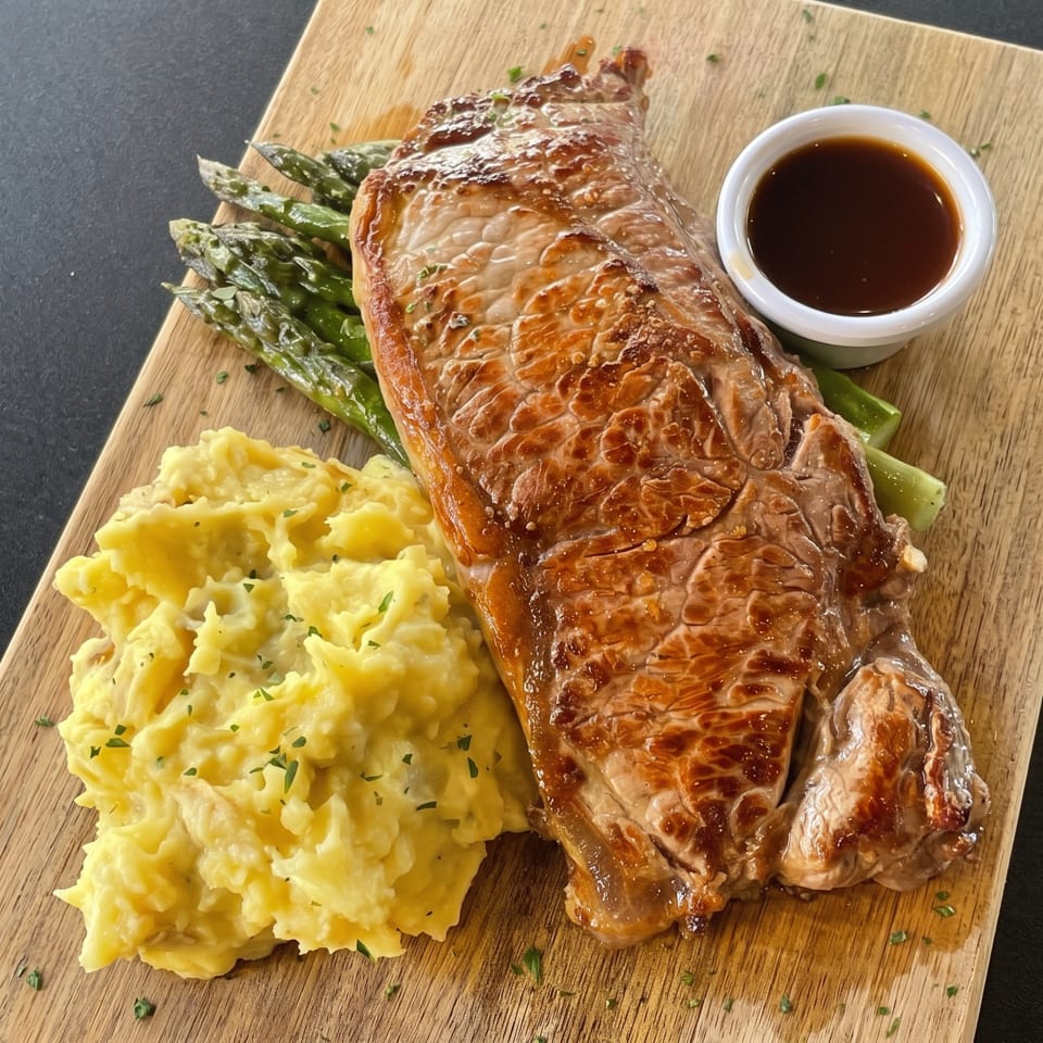 Grilled steak, mashed potatoes, asparagus, and a side of sauce on a wooden board.