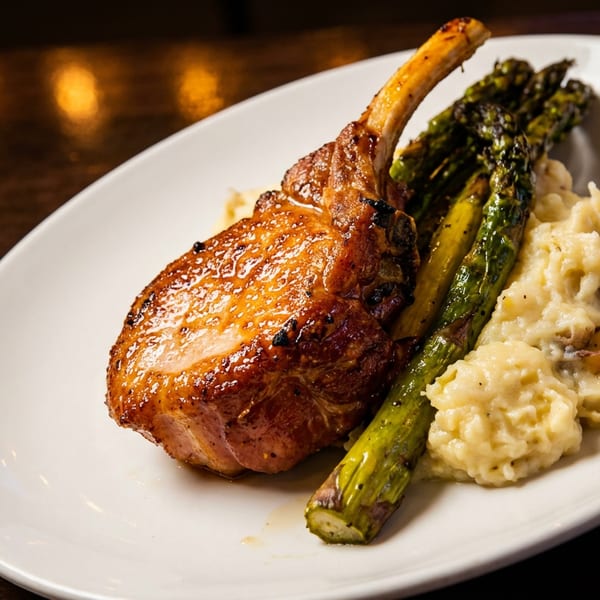 Glazed pork chop with bone, mashed potatoes, and grilled asparagus on a white plate.