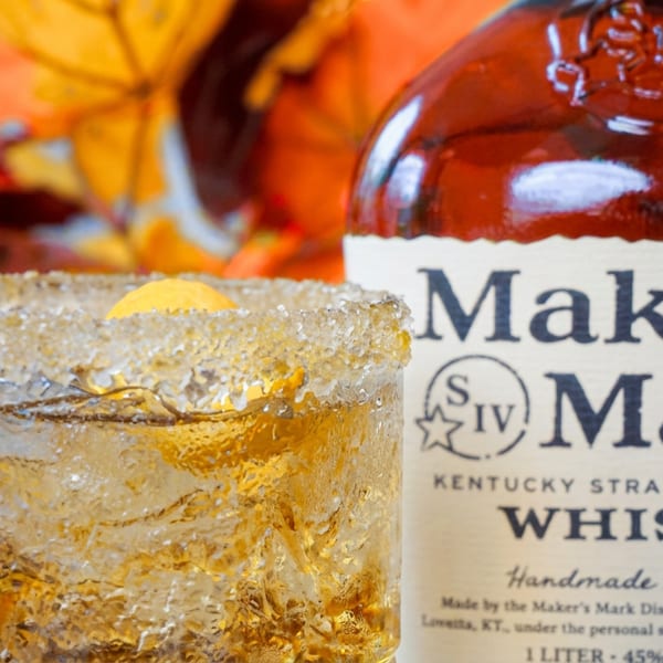 Center Sq Tavern's sugar-rimmed cocktail with Maker's Mark whisky and autumn leaves.