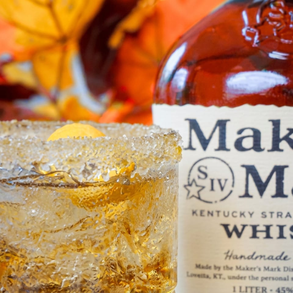 Center Sq Tavern's sugar-rimmed cocktail with Maker's Mark whisky and autumn leaves.