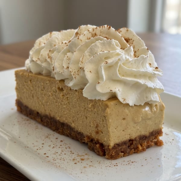 Slice of pumpkin cheesecake with whipped cream and cinnamon on a white rectangular plate.