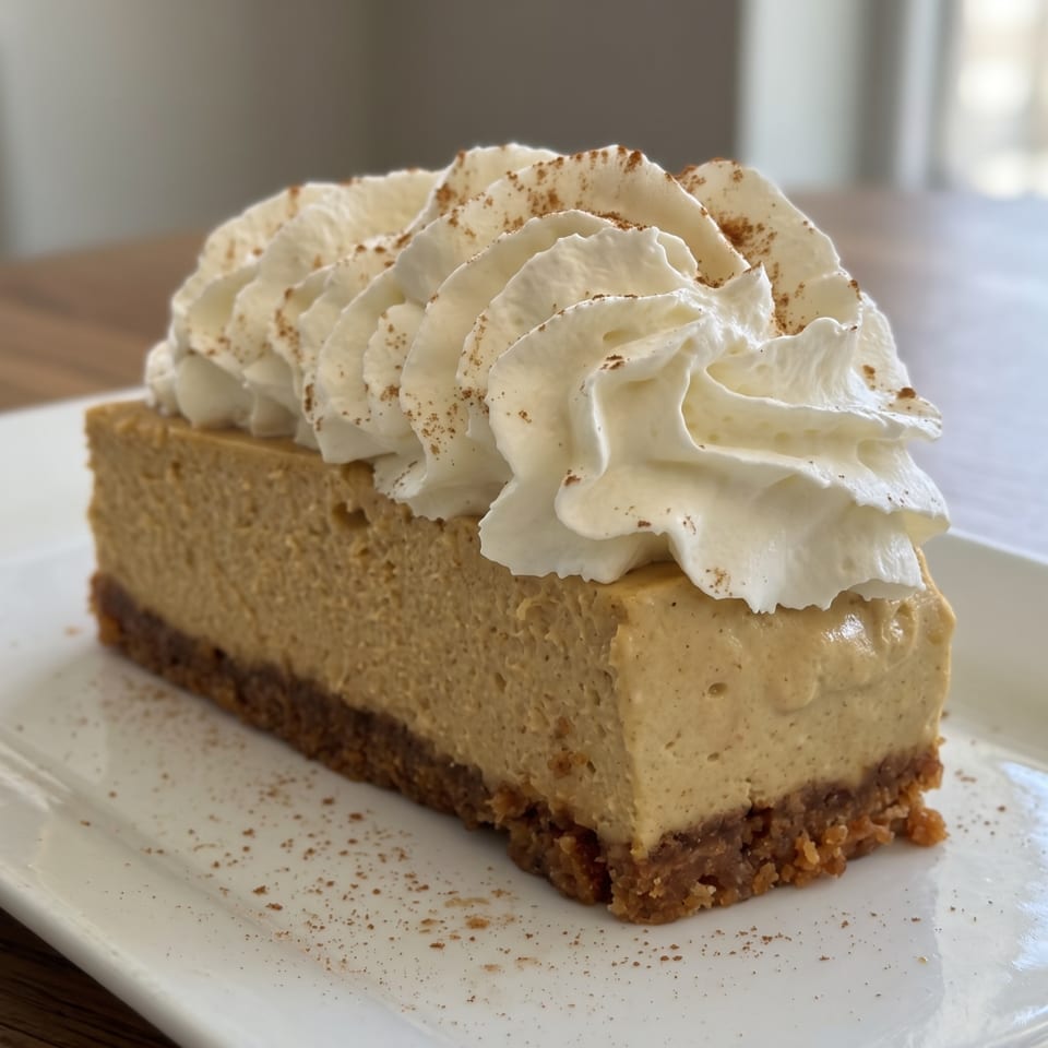 Slice of pumpkin cheesecake with whipped cream and cinnamon on a white rectangular plate.