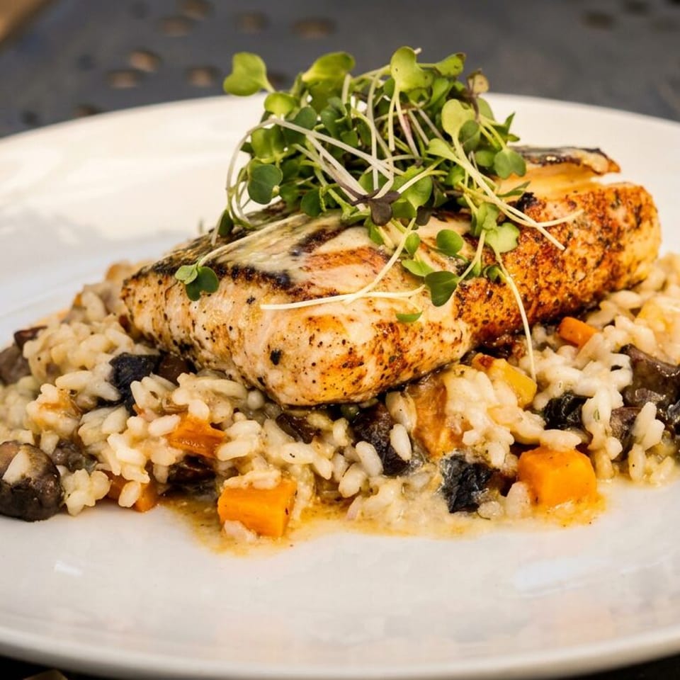 Grilled fish fillet on creamy risotto with mushrooms, butternut squash, and microgreens.