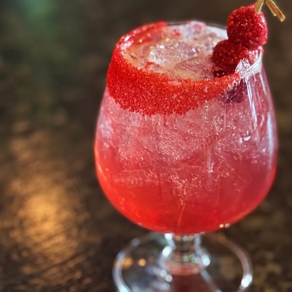 Red cocktail with a sugar-rimmed glass and two sugared berries on a skewer.