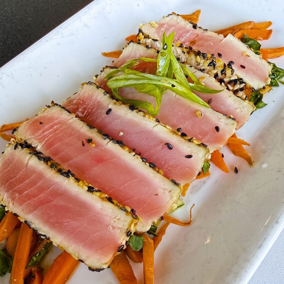Seared tuna slices with sesame seeds, green onions, and carrot strips on a white rectangular plate.