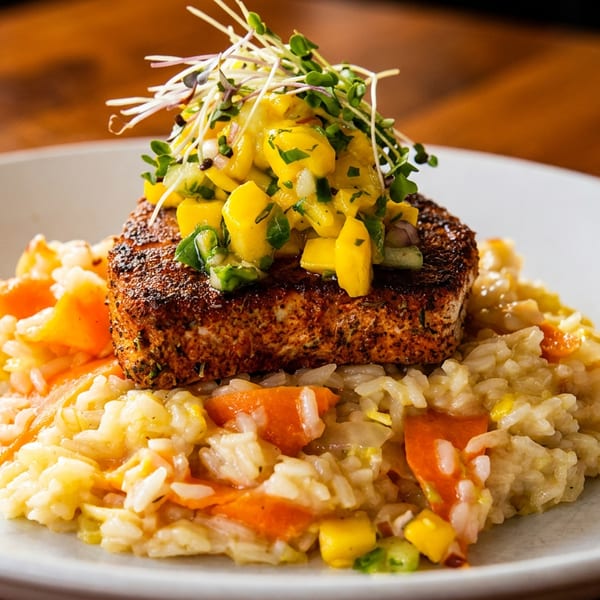 Pan-seared fish with mango salsa and microgreens over creamy risotto, served on a white plate.