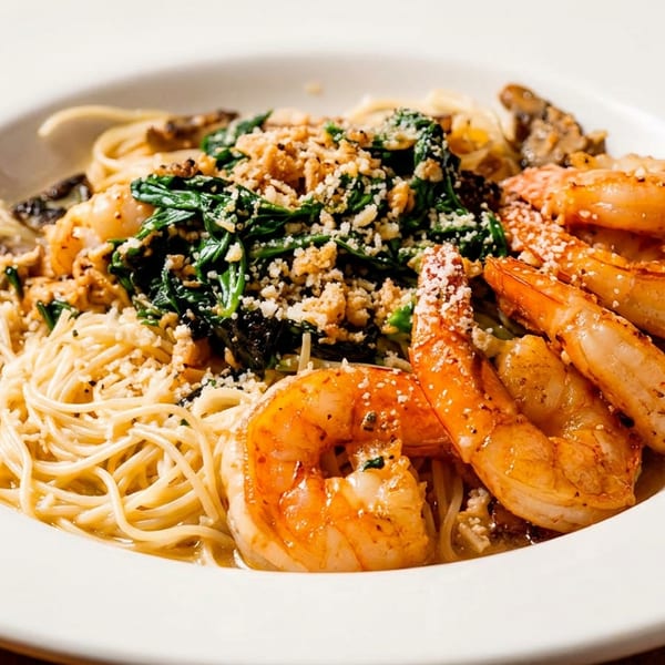 White bowl of spaghetti with large shrimp, cooked spinach, and a breadcrumb topping.