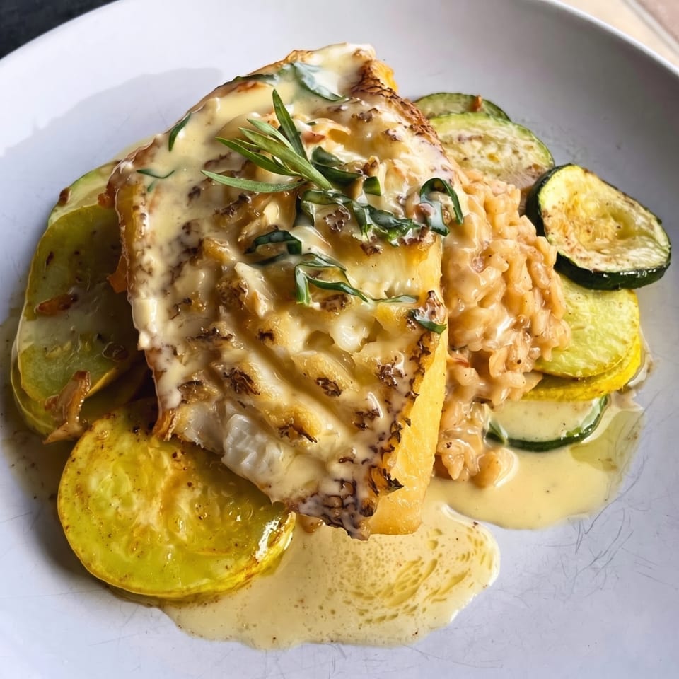 Pan-seared fish with creamy sauce, rosemary, risotto, and sliced zucchini and squash on a white plate.